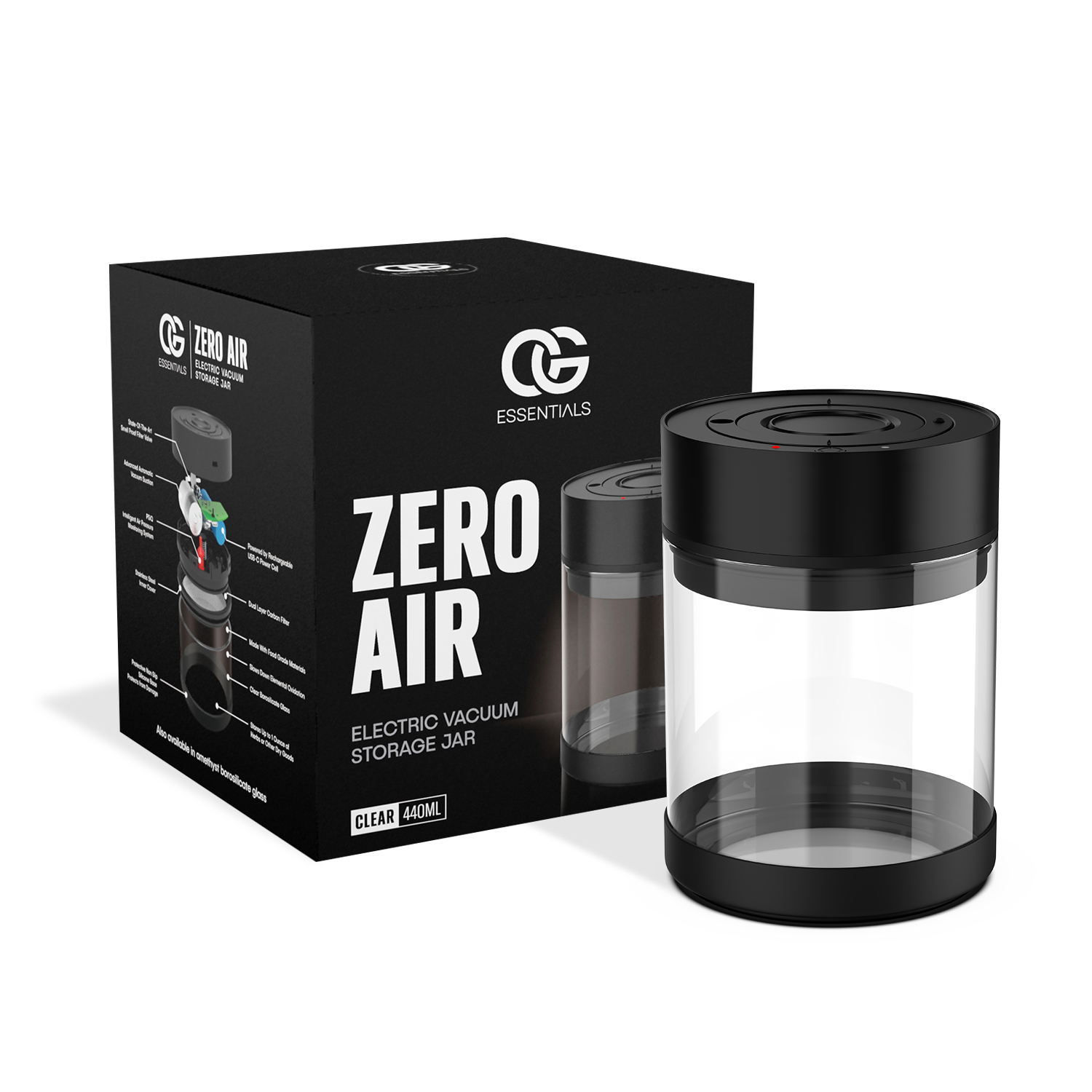 Zero Air electric vacuum storage jar, Clear 440 ml, with box