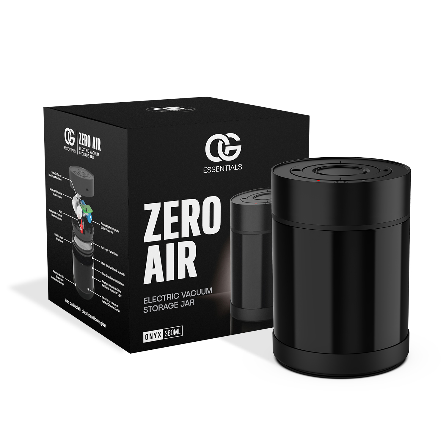 Zero Air electric vacuum storage jar, Onyx 380 ml, with box